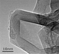 The (002) lattice fringe of graphite.